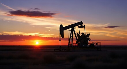 Oil pump jack silhouette against a vibrant sunset sky in a vast open field.
