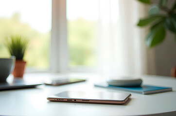 Modern workspace with smartphone and notebook on a round table