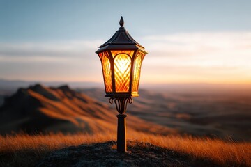 Illuminated antique street fixture stands prominently against a vast sunset landscape