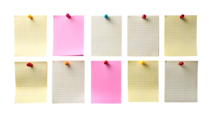 Collection of ten colorful sticky notes with handwritten text pinned to a wall isolated on transparent background