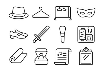 Costume Prop Icons. Costume and Props. Line icon set of Costume and Props: hat, hanger, wardrobe rack, mask, stage shoes, prop sword, makeup brush, sewing kit,
