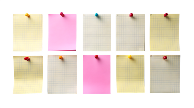 Collection of ten colorful sticky notes with handwritten text pinned to a wall isolated on transparent background