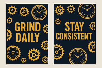 Naklejka premium Grind Consistency Banners. Grind daily. Two vertical A6 banners with safe margins, centered composition, no elements touching edges, bold, navy and gold,