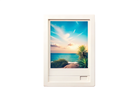 A framed picture of a tropical beach sunset with palm trees isolated on transparent background