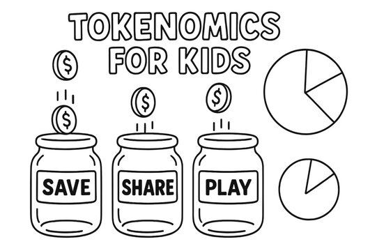 Tokenomics Coloring Page. Tokenomics for kids children?s coloring book illustration, outlined drawing, three jars labeled ?Save,? ?Share,? and ?Play? with
