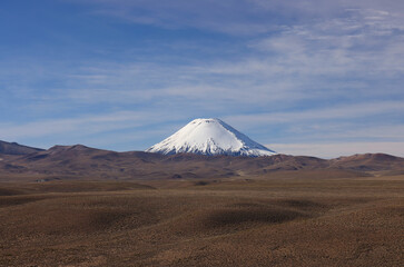 Las Vicunas Nature Reserve, panoramic view of Parinacota Volcano, Chile