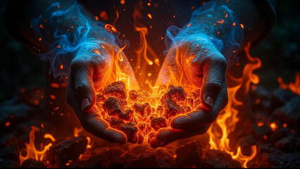 Hands Cradling Fiery Lava Rocks with Glowing Flames and Swirling Smoke for Environmental Awareness, Artistic Projects, and Creative Blogs