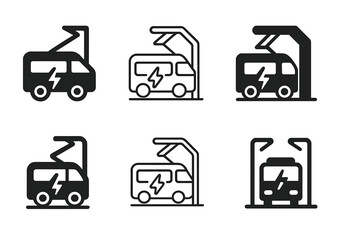 Naklejka premium Urban Sustainability Logos. Urban sustainability. Set Logo of Urban sustainability: electric bus charging at pantograph station. Icon set. harmonious logo