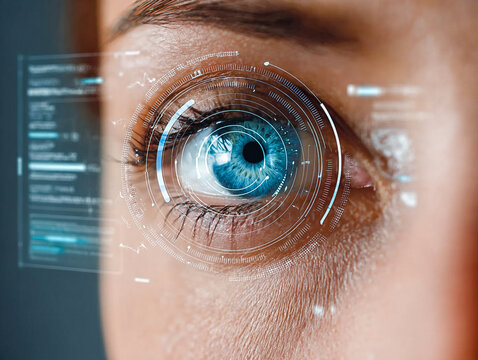Futuristic close-up of a Woman’s Blue Eye with Digital Data Interface