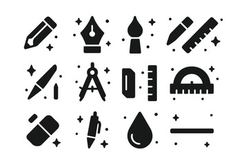 Obraz premium Drawing Tools Icons. Drawing Tools. Solid icons set of Drawing Tools: pencil, pen nib, brush tip, charcoal stick, blending stump, compass, ruler, protractor,