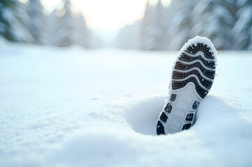 Footprint in Fresh Snow: Winter Hiking and Outdoor Adventure Sce