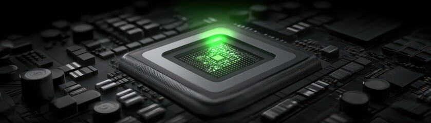 Close-up of a green glowing microchip integrated with electronic circuits on a dark circuit board background with detailed components and technology theme