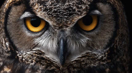 Yellow eyes of horned owl close up looking straight at camera with its head slightly tilted.