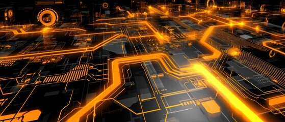 Futuristic digital circuit board with glowing orange lines and high-tech electronic components in a data processing environment