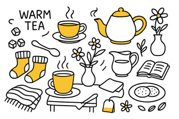 Cozy Tea Time. Warm tea. Hand-drawn doodle illustration teapot (colored), steaming tea (colored), teacup (colored), saucer (colored), teaspoon (colored), sugar