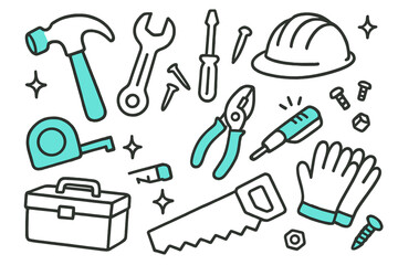 Obraz premium Accented Construction Tools. // Construction tools. Hand-drawn doodle illustration Construction tools [hammer (accented), wrench (accented), screwdriver,