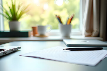 Bright Workspace with Stationery and Plant Near a Window