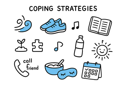 Coping Strategies Doodle. // Coping strategies. Hand-drawn doodle illustration Coping strategies [breathing icon (accented), walking shoes (accented), journal