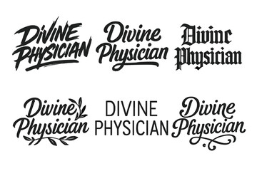 Diverse Lettering Styles. Divine Physician. Set lettering. harmonious lettering variations of the same emblematic concept (Dynamic brushstroke graffiti