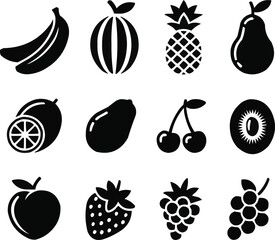 Fruit and Food Glyph Icons  Tropical and Fresh Produce Silhouette Vector Set
