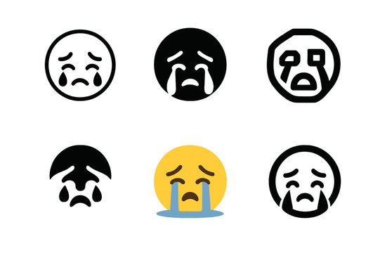 Crying Emoji Variations. Reaction Emojis Pack. Set Logo of Crying Face Emoji: Minimal outline, Filled silhouette, Abstract geometric, Negative space, Flat