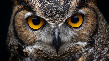 Yellow eyes of horned owl close up looking straight at camera with its head slightly tilted.