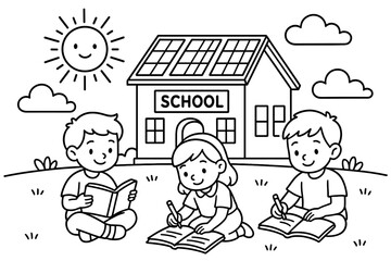 Solar School Coloring Page. Solar-powered school children?s coloring book illustration, outlined drawing, a school building with rooftop panels and children