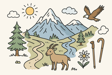 Naklejka premium Alpine Cartoon Landscape. Alpine Scenery. Hand-drawn doodle illustration snowy peak (colored), pine tree, river (colored), goat, eagle (colored), flower,