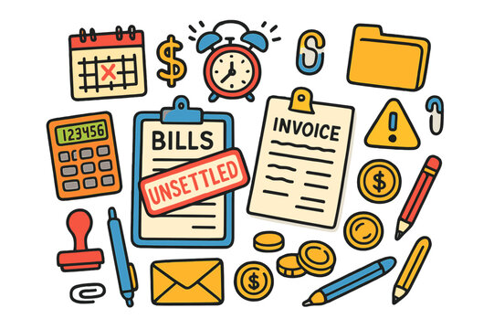 Colorful Financial Doodles. unsettled bills. Colorful Hand-drawn doodle Children illustration unsettled bills invoice sheets, paper stack, red stamp,