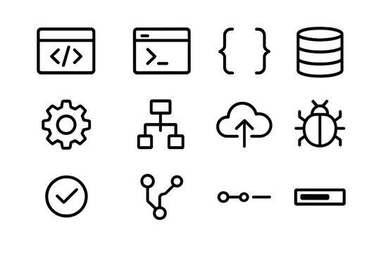 Software Icon Outline Set. Software Development. Line icon set of Software Development: code editor, terminal window, brackets, database icon, gear, flowchart,