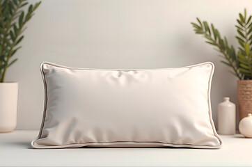 Elegant Home Decor: Beige Throw Pillow on Shelf with Greenery an