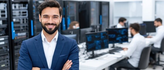 Professional male software developer smiling confidently in modern office with multiple computer screens and colleagues working