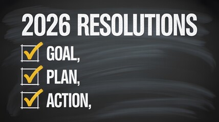 New year 2026 resolutions checklist with goal plan and action items marked as completed on a chalkboard