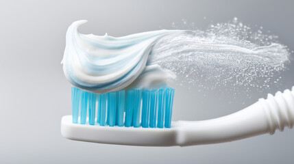 Close-up of toothbrush with toothpaste swirl on bristles, clean bathroom light