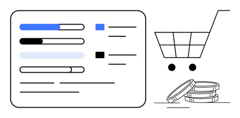 Shopping cart, progress bars, and stacked coins represent e-commerce, budgeting, and expense tracking. Ideal for retail, finance, savings, analysis consumer behavior business simple flat metaphor