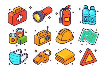 Colorful Emergency Icons. Emergency kit. Colorful isometric vector icons set of emergency kit: first aid kit, flashlight, fire extinguisher, water bottles,