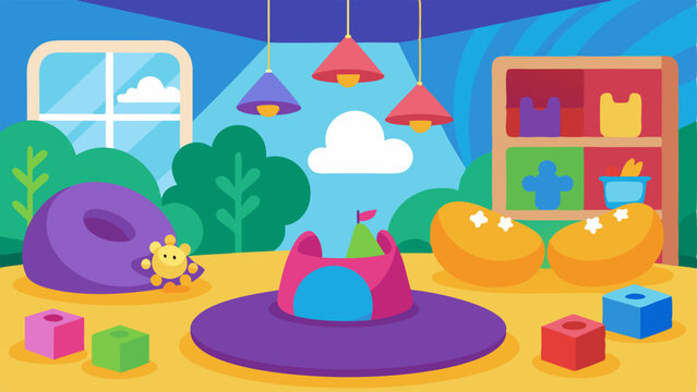 A childrens area with vibrant colors beanbag chairs and educational games and puzzles.