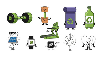 Eco-Friendly Icons: Delightful illustrations embody eco-conscious living, showcasing a fusion of sustainable objects such as solar panel, fitness equipment, leaf and waste materials