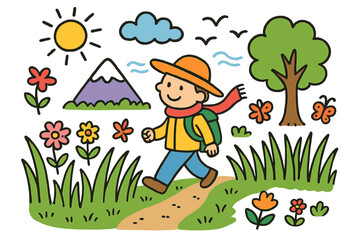 Colorful Nature Walk. nature walk. Colorful Hand-drawn doodle Children illustration nature walk person, tall grass, wind, mountain, clouds, sun, birds,