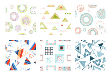 Seamless pattern of geometric shapes. Bright seamless pattern. Set of 6 patterns. Design for fabric, wallpaper, wrapping paper