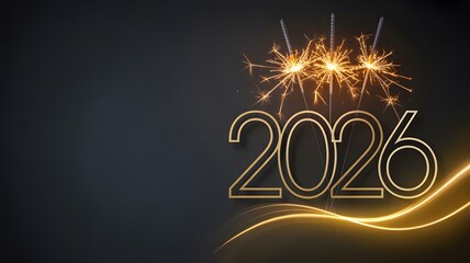 Golden 2026 numbers illuminated by sparkling fireworks and glowing light trails on a dark background celebrating the new year