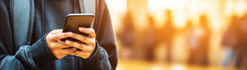 Close-up of a person holding a smartphone with sunlight reflecting on the screen and a blurred outdoor background du sunset