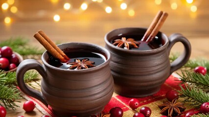 Two clay mugs filled with hot mulled wine, garnished with cinnamon sticks and star anise. Surrounded by cranberries and pine decor. Cozy festive Christmas setting. - Powered by Adobe