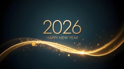 Elegant golden wave of light illuminates the year 2026 with sparkling particles and happy new year greeting