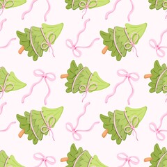 Coquette Christmas Wrapped Evergreen Trees Pink Bows Delightful Holiday Pattern Extravaganza