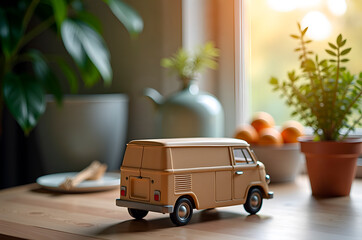 Vintage Camper Van Toy on Table with Warm Sunlight and Indoor Pl
