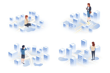 People Using Mobile Navigation Apps in Isometric City Environment with Buildings and Streets. Vector illustration. Set of Business People Analyzing Digital Data. Vector illustration.