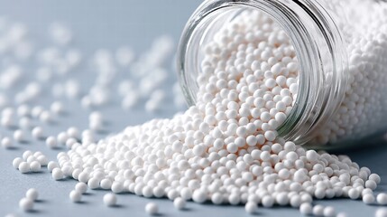 White spherical granules spilling from a glass jar
