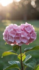Obraz premium A close-up of a pink hydrangea flower glistening with dew in soft sunlight, showcasing its delicate petals against a blurred green background.