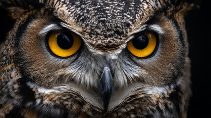 Obraz premium Yellow eyes of horned owl close up looking straight at camera with its head slightly tilted.